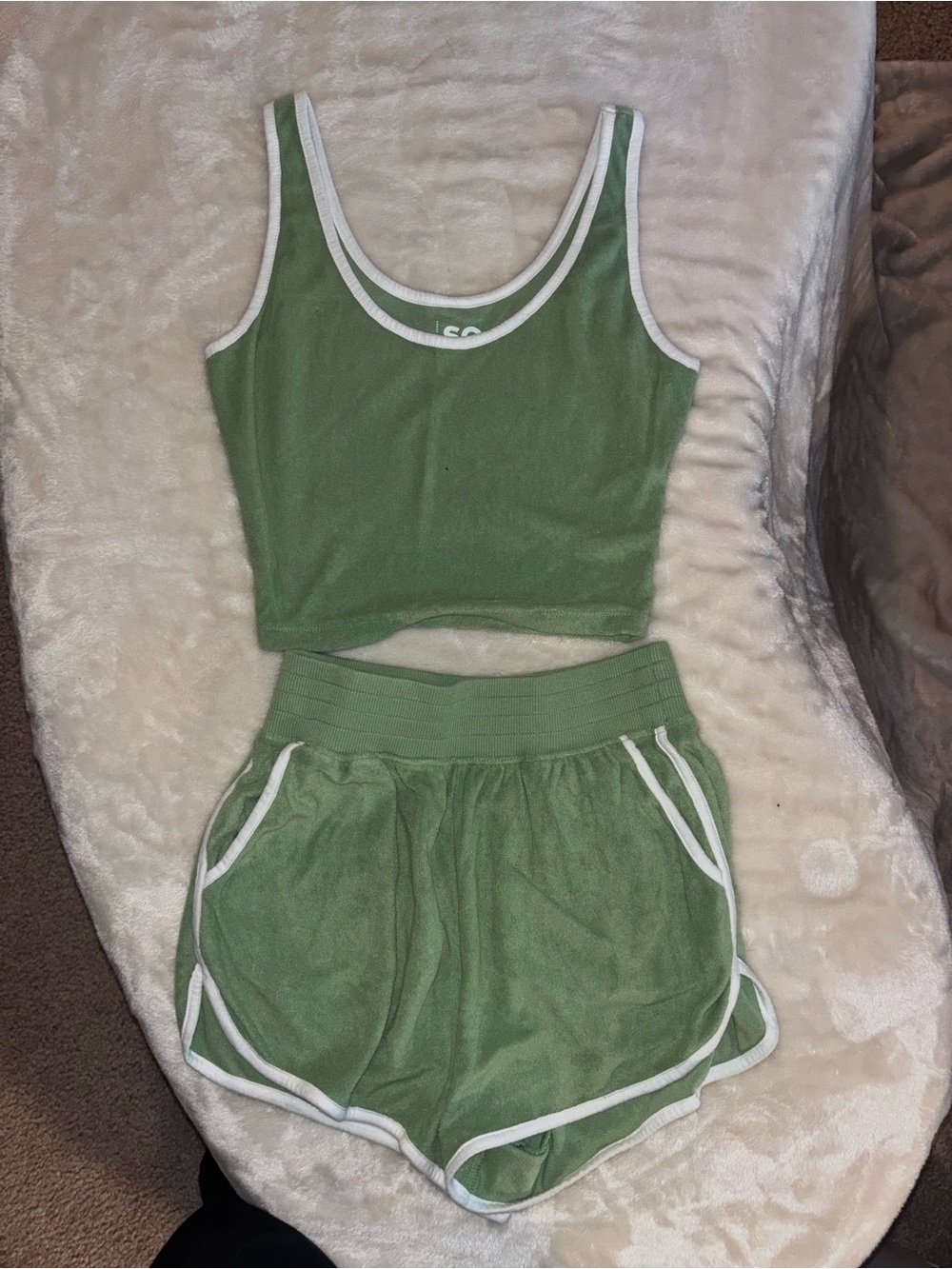 SO Green Terry Cloth Lounge Shorts with White Trim